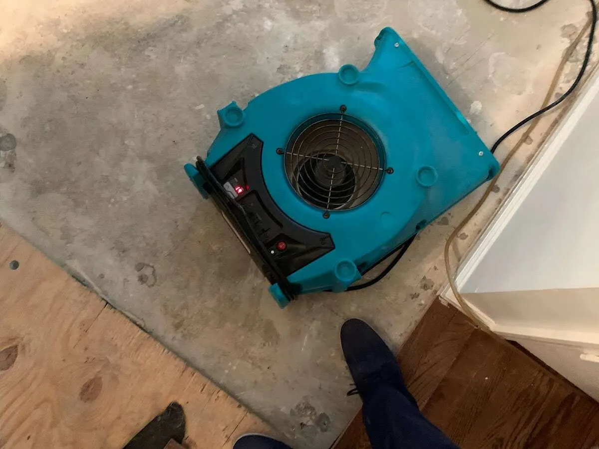 Air mover drying subfloor during Leak Detection & Repair in Robertsdale